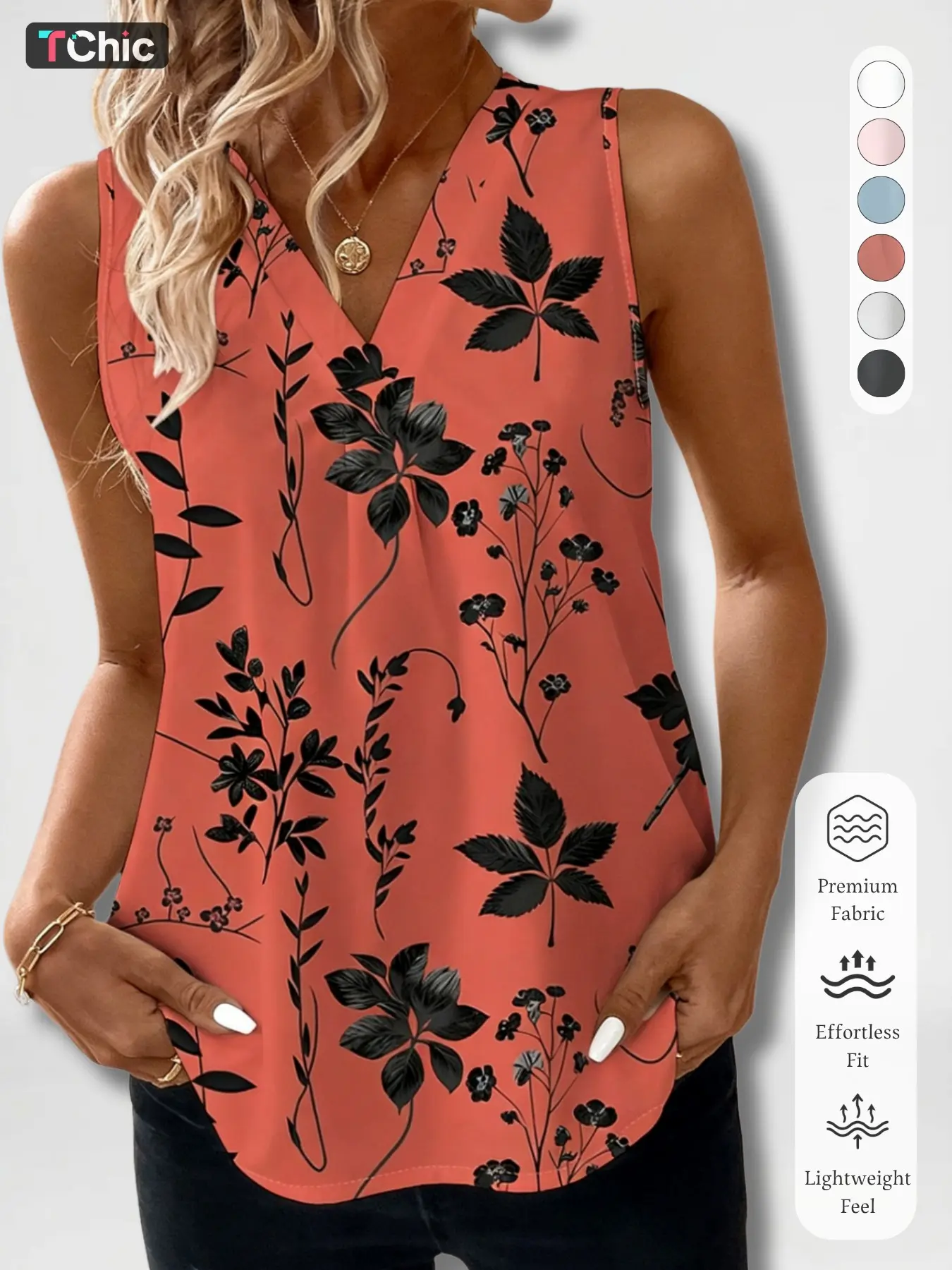 New Summer Women's V-Neck Ruched Sleeveless Tank Top, Leaf & Floral Print, Loose Elegant Fit, Casual Wear for Office, Date & Vacation, Flower