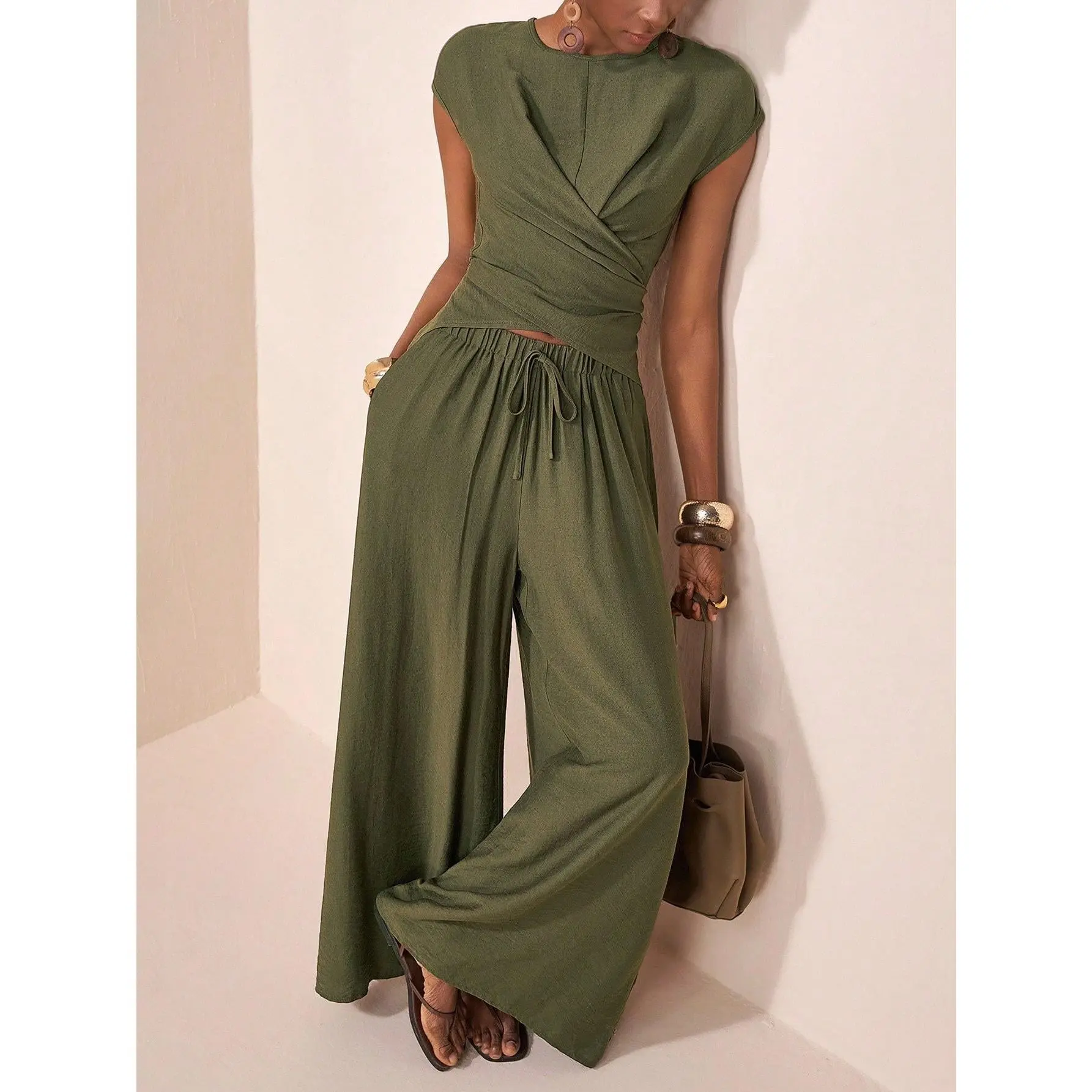 Women's 2-Piece Viscose Crew Neck Wrap Top & Wide-Leg Long Pants Set - Slim, Fits Well, Soft, Breathable, Tie Waist, Twist Detail, Anniversary Daily Wear (Denim Skirts & Cap Add-On Options)
