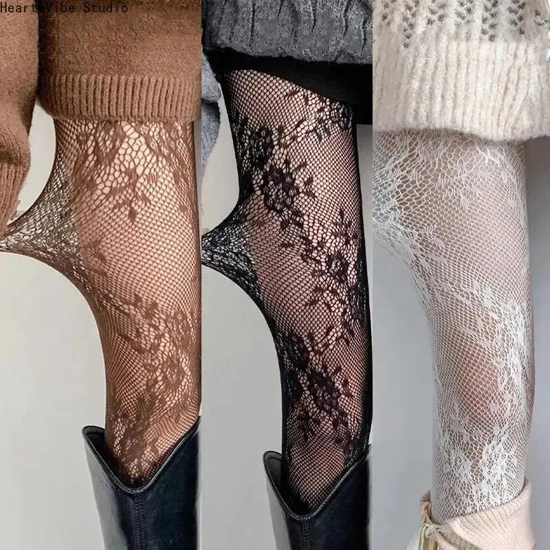 Women's Y2K Harajuku Floral Lace Mesh Pantyhose, Stretchy Sheer Tights Hosiery for Daily Outfits, Hollow Out Spandex Fishnet Stockings, Sexy Gothic Clubwear Halloween Cosplay Accessories
