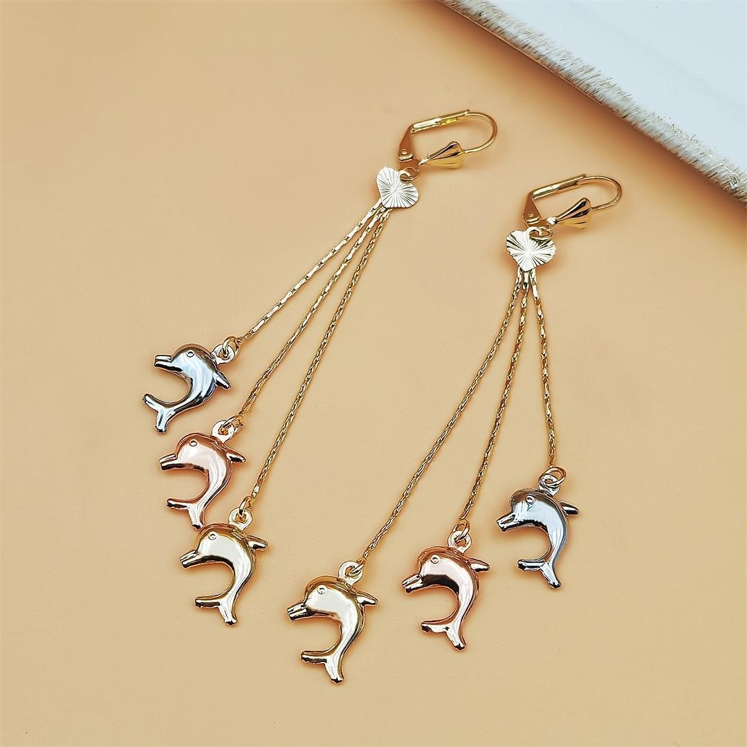 Women's Polished Copper Alloy Dangle Earrings - 3-Tone Elephant-Dolphin Charm Multi-Chain Tassel Ear Jewelry, Lightweight Elegant Craft for Wedding, Daily Casual Use (Sports & Outdoor Accessory Complement)