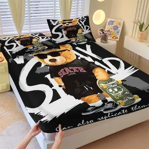 3Pcs Teddy Bear Skateboard Fitted Sheet Set, Streetwear Graffiti Bedding with Pillowcases, Soft Microfiber Deep Pocket Mattress Cover, Graffiti Style Bed Sheets for Kids Teens Boys Bedroom Dorm Decor, No Fillers
