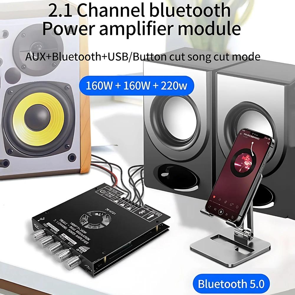 2.1CH 160W+220W Bluetooth 5.0 Audio Amplifier Board with USB/AUX Input, Adjustable Bass Treble Control, 15-36V DC Power for DIY Stereo Upgrade, Supports Subwoofer.