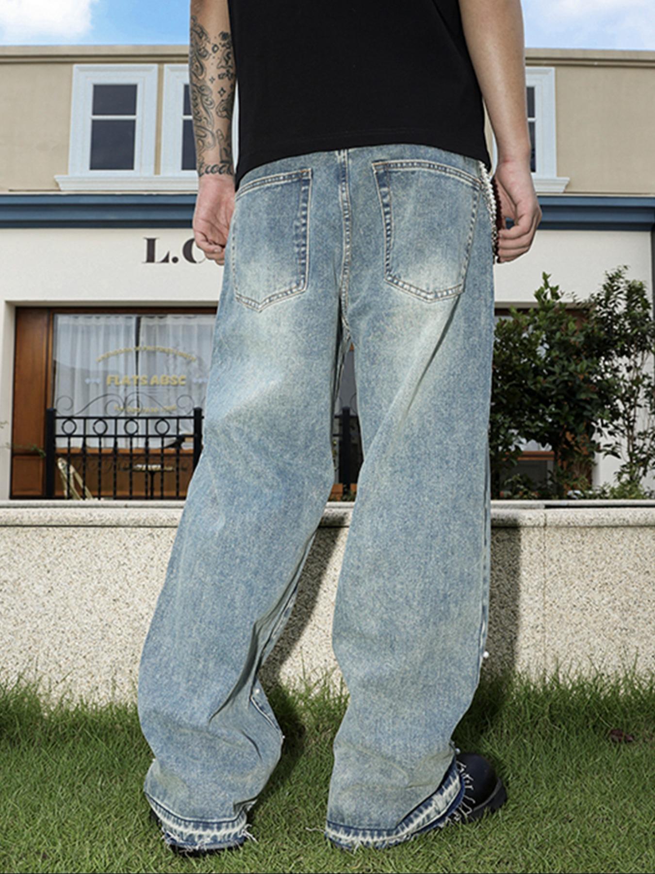 Four-Season Washed Light Blue Handmade Beaded Loose Wide Leg Straight Leg Jeans, Y2K Casual Streetwear, Perfect Gift for Husband or Boyfriend