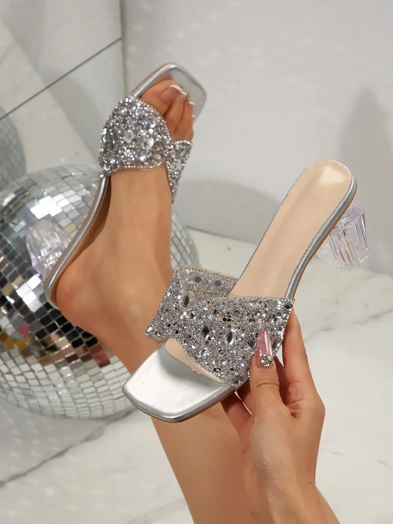 French Rhinestone High Heel Sandals, Sweet and Elegant Transparent Heels, Office Wedding Party Festival Summer Shoes