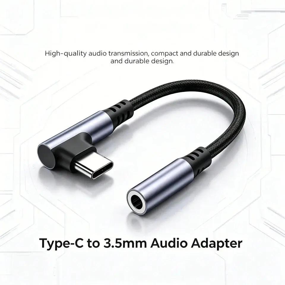 1PC L-Shaped Braided Right Angle USB-C to 3.5mm Headphone Jack Audio Aux HiFi Converter Cord for iPhone 15, 16, 17 Pro Max