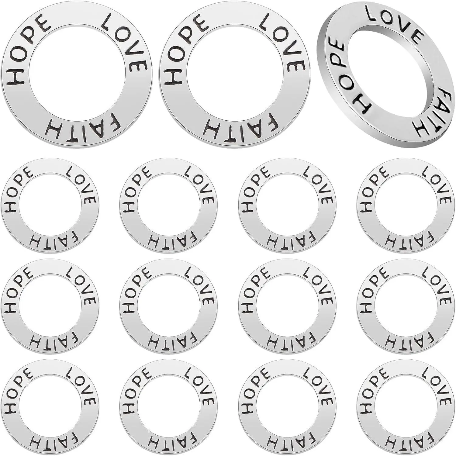 JMKTOOL 15pcs 19 mm Antique Silver Circle Inspirational Message Charm Connectors Round Engraved “Hope Love Faith” Pendant Links for DIY Necklace Bracelet Keychains Jewelry Making