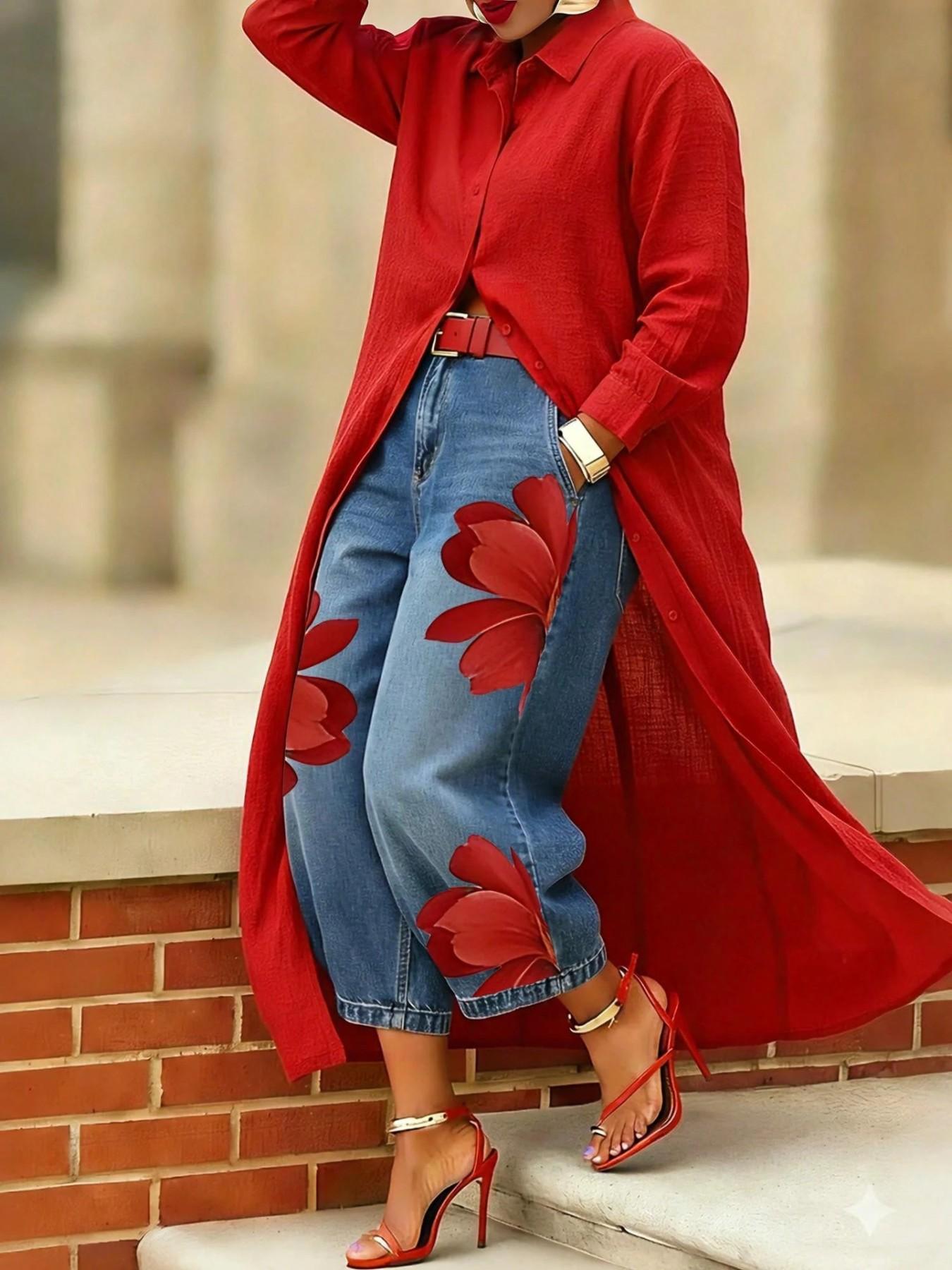 【Yazzy Exclusive】2026 Fall Women's Authentic Denim Wide Leg Jeans with Floral Print | High Waist Relaxed Fit Real Denim Pants