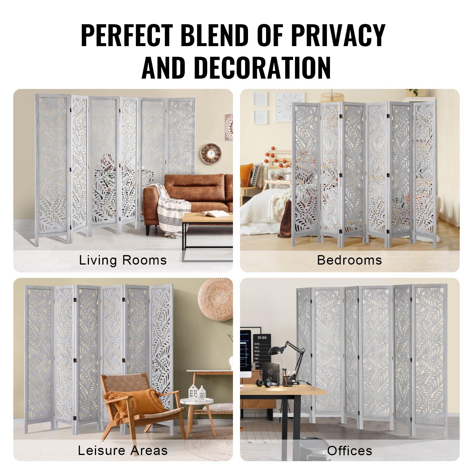 VEVOR Wood Room Divider - 6-Panel Carved Folding Privacy Screen, 66.9 in Tall Indoor Partition with Wood Panel Wall, Rectangular Form, Portable Setup for Home, Office