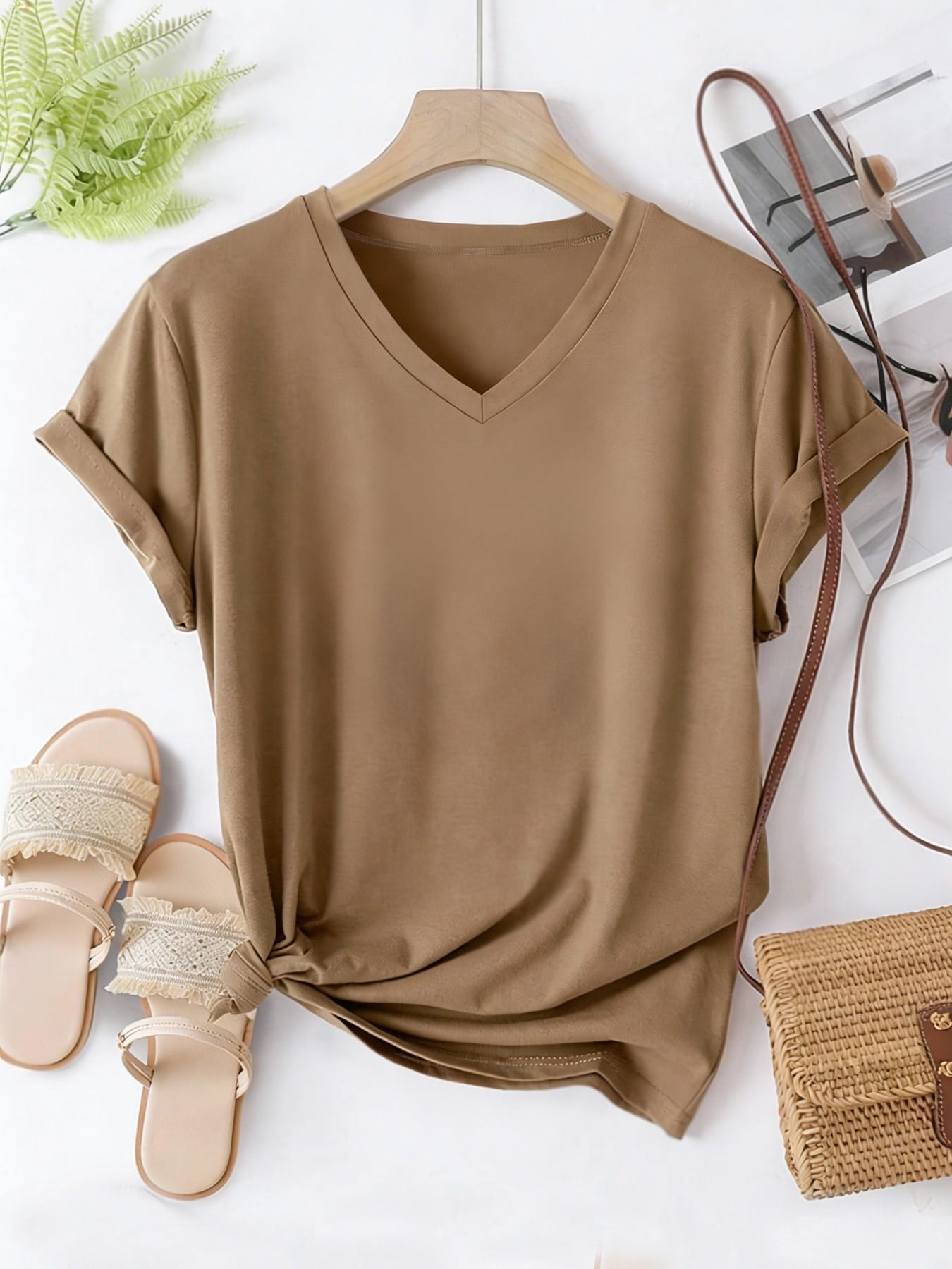 Women's V-Neck Solid Color Short Sleeve Basic Minimalist T-Shirt, Casual Fitted Top, Soft Comfortable Fabric, Summer All Seasons Wear, Casual Tops