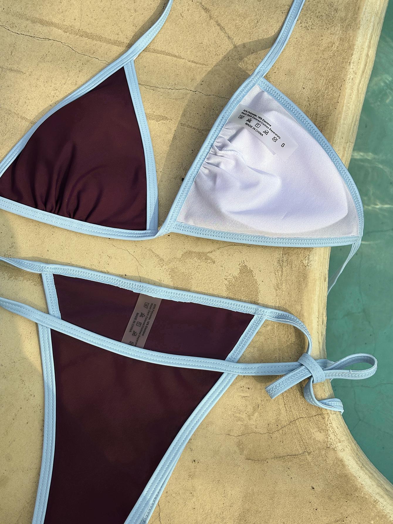 Blue & Brown Striped 3-Piece Bikini Set with Swim Shorts, Women's Retro Color Block Swimsuit for Beach & Pool