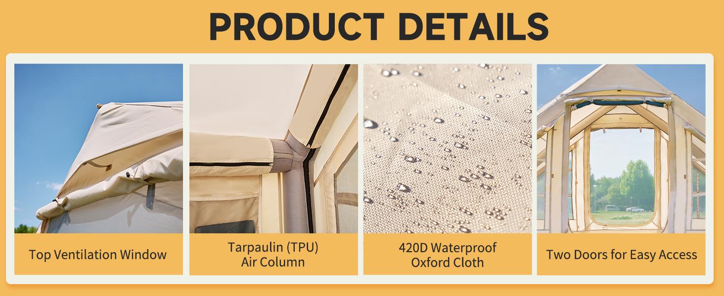 Lilypelle Inflatable Tents for Camping, Blow Up Tent with Hand Pump, Easy Setup Inflatable Hot Tent with Stove Jack, Waterproof Oxford Air Glamping Tents for Camping Adult 4-6 Person