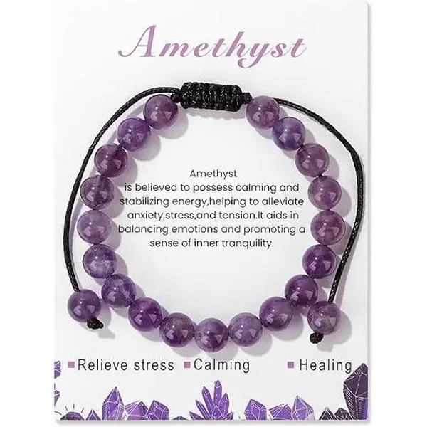 Unisex 8mm Round Purple Glass Beaded Bracelet - Lightweight Adjustable Black Wax Cord Woven Wrap, Amethyst Color Casual Daily Stress Relief Calming Jewelry with Display Card Gift