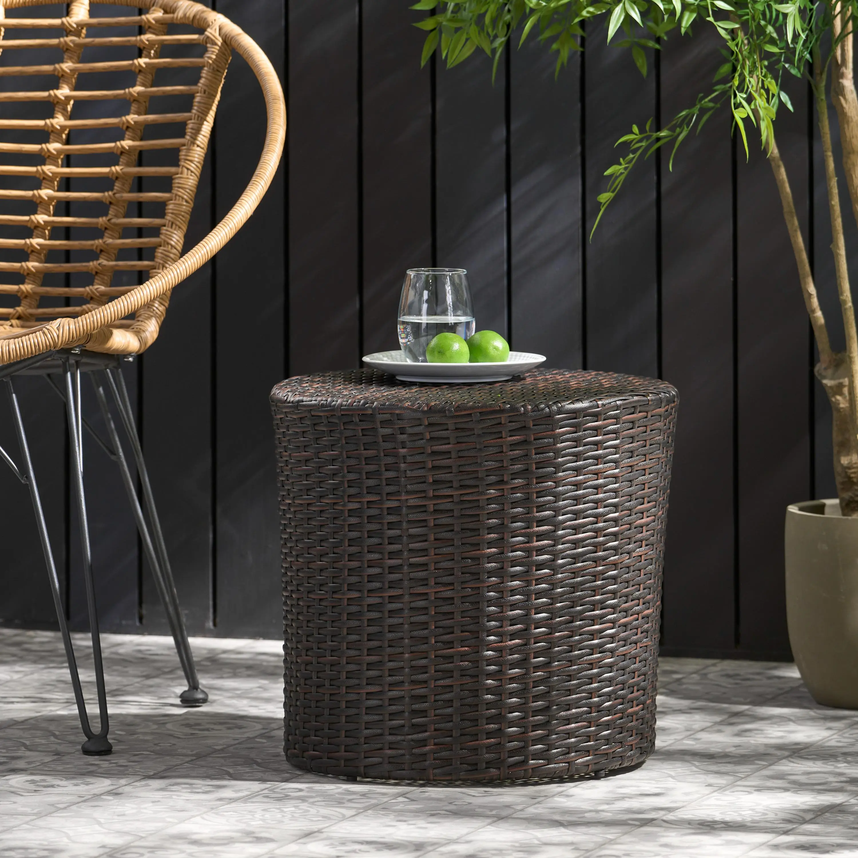 Kingstown RD Barrel Side Table, Outdoor Wicker End Table, Brown Rattan Accent Table for Patio, Garden, Deck, Porch, Balcony, Living Room, Bedroom, Office, Apartment, Small Spaces