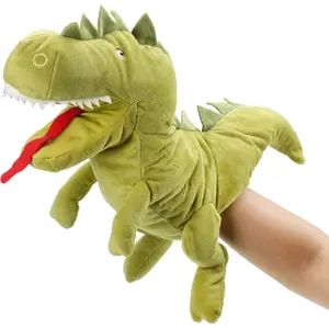 Plush Dinosaur T-Rex Hand Puppet with Open Movable Mouth, Interactive Toy for Imaginative Play Role Play Storytelling Teaching Puppet Theater, Birthday Gift for Kids Green 13''