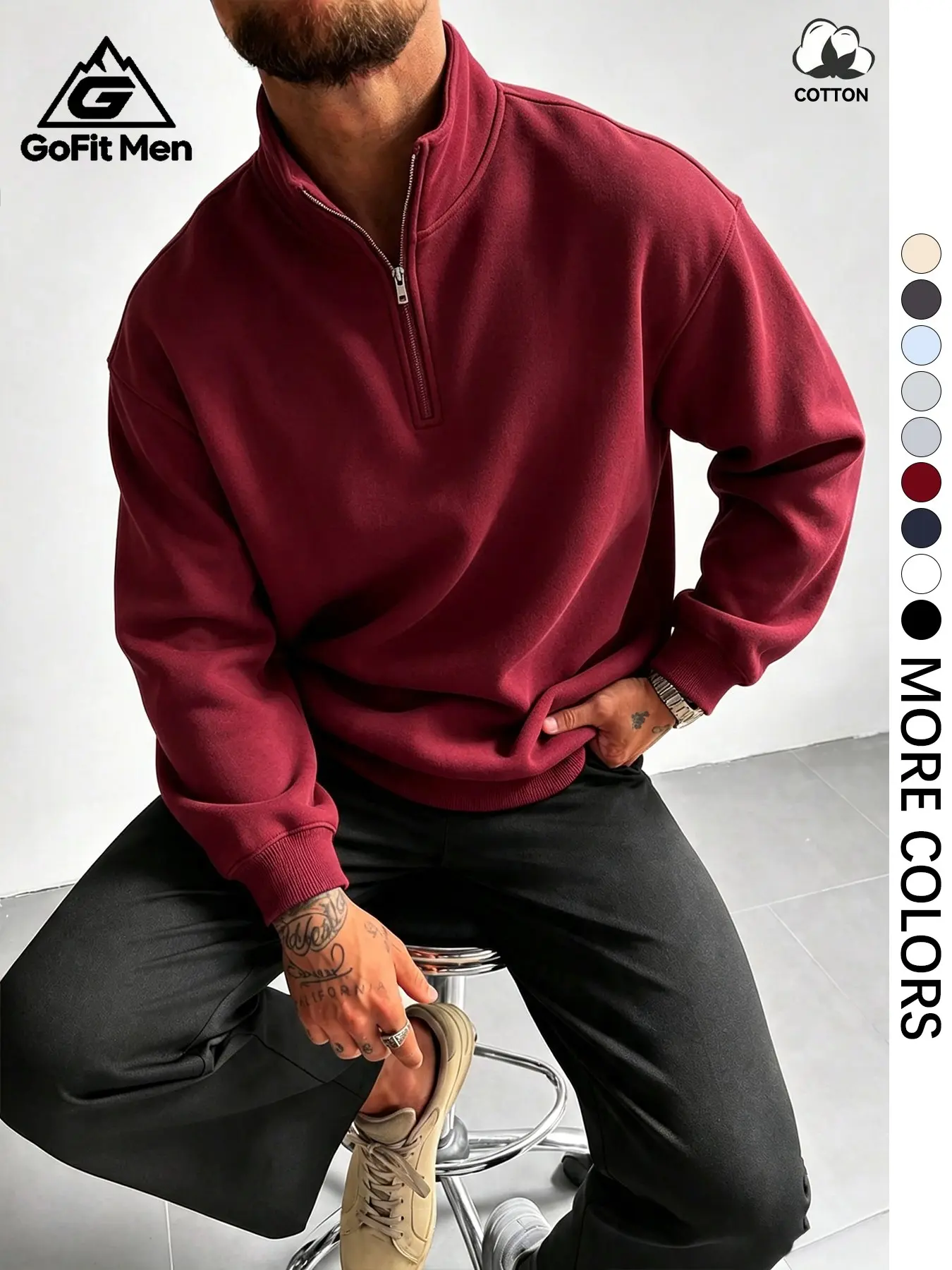 Minimalist Plain Half-Zip Cotton Sweatshirt, Loose Drop Shoulder Design, Versatile Layering Piece for Streetwear and Casual Business