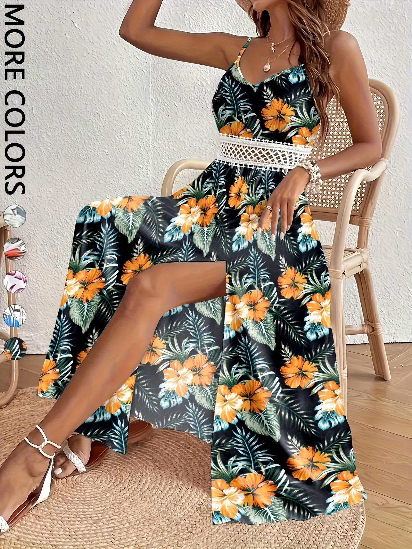 Women's Summer Holiday V-Neck Sleeveless Tropical Print Bohemian Maxi Dress with High Side Slit Women's Summer Holiday V-Neck Sleeveless Tropical Print Bohemian Maxi Dress with High Side Slit