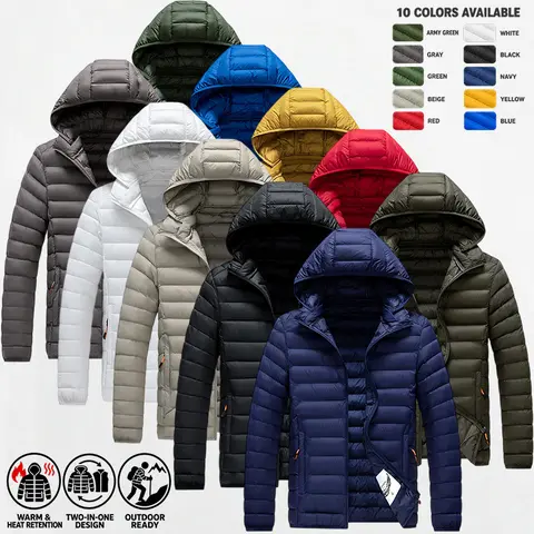 Men’s Hooded Puffer Jacket, Versatile 2-in-1 Detachable Design, Full-Zip Autumn & Winter Outerwear with Zipper Side Pockets, Multiple Color Options, Suitable for Outdoor Hiking, Camping and Daily Casual Urban Street Outfits
