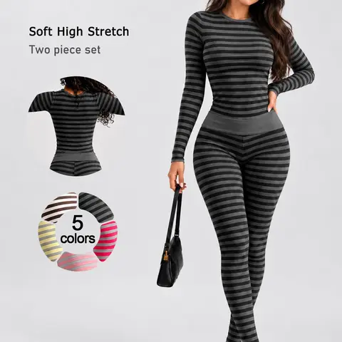Women's 2 Piece Yoga Set, Long Sleeve Workout Top and High Waist Leggings, Soft Stretch Breathable Cooling Activewear, Butt Lifting Tummy Control Outfit for Running and Cycling Fitness, Casual Travel Wear, Gym Workout Sets