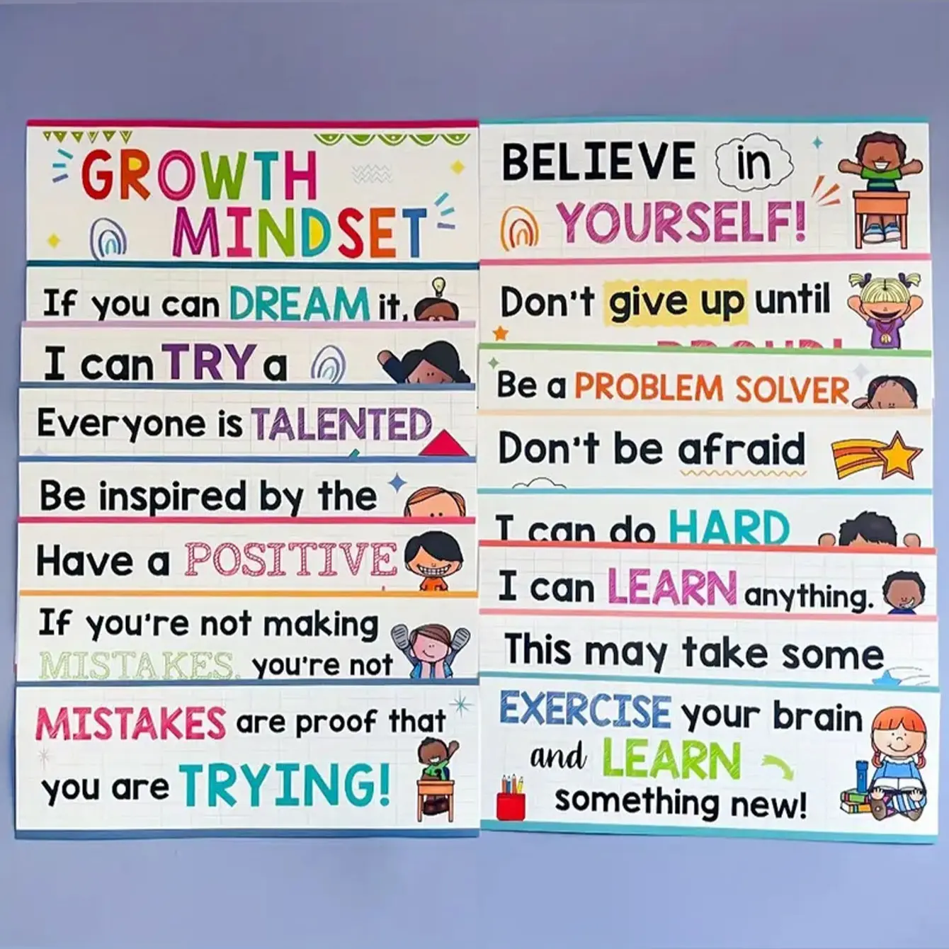 16-Piece Growth Mindset Classroom Set, Inspirational Posters and Banners, Middle School Decor, Teacher Home School Supplies, Kids Room Wall Decor