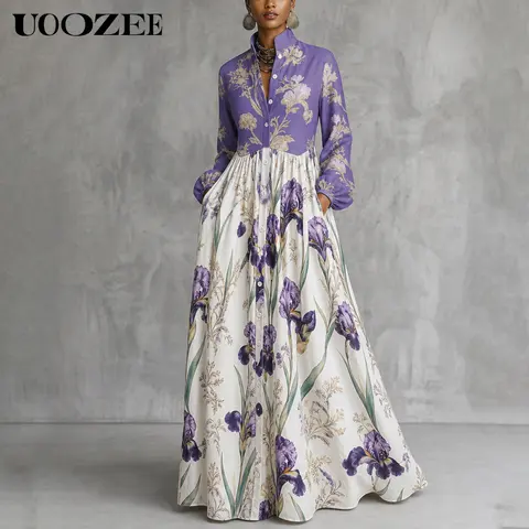 UOOZEE Women’s Bohemian Casual Floral Print Split-Joint Maxi Dress - Stand Collar, Long Sleeve, Button-Front, A-Line Gown with Side Pockets, Lightweight Breathable Non-Stretch 100% Polyester Loose Fit for 3 Seasons, Size Down 1 for Slim Petite Figures, Fa