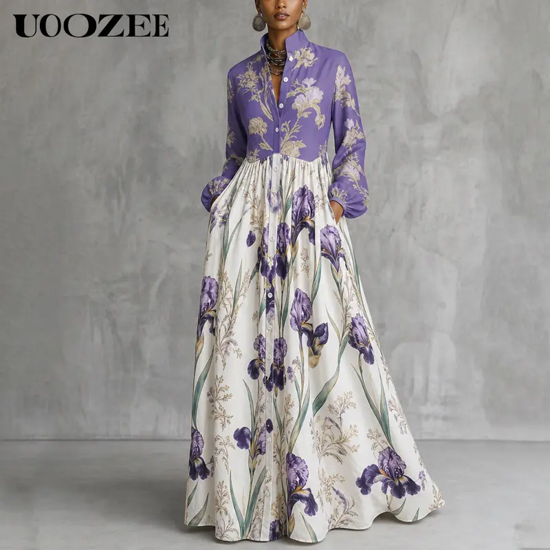 UOOZEE Women’s Bohemian Casual Floral Print Split-Joint Maxi Dress - Stand Collar, Long Sleeve, Button-Front, A-Line Gown with Side Pockets, Lightweight Breathable Non-Stretch 100% Polyester Loose Fit for 3 Seasons, Size Down 1 for Slim Petite Figures, Fa