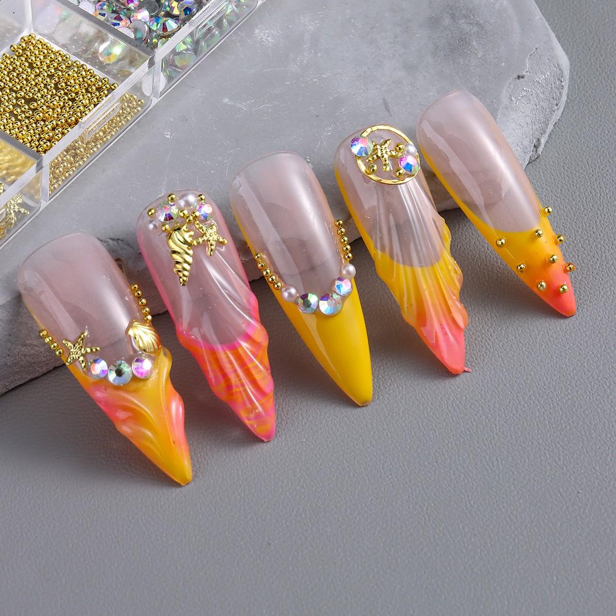 Summer Beach Style Nail Art Accessories, 3D Metal Rivets, Starfish, Shell, Seashell Shapes, Pearl, Caviar Beads, DIY Nail Decoration