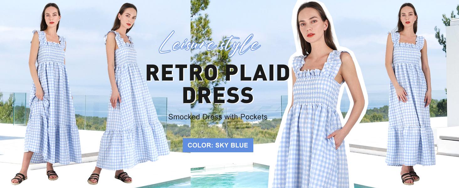 Chouyatou Women's Retro Plaid Smocked Dress Spaghetti Strap Flounce Long Casual Sleeveless Flowy Evening Fashion Basic with Pockets Womenswear Cute Elegant Sky SpringStatements Chouyatou Women's Retro Plaid Smocked Dress Spaghetti Strap Flounce Long Casual Sleeveless Flowy Evening Fashion Basic with Pockets Womenswear Cute Elegant Sky SpringStatements