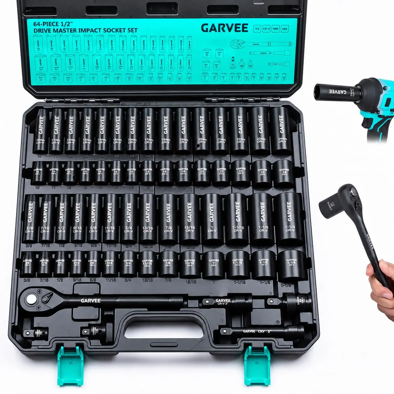 Garvee 1/2" Impact Socket Set 64 PCS, SAE(3/8 to 1-1/4") & Metric(10-24MM)