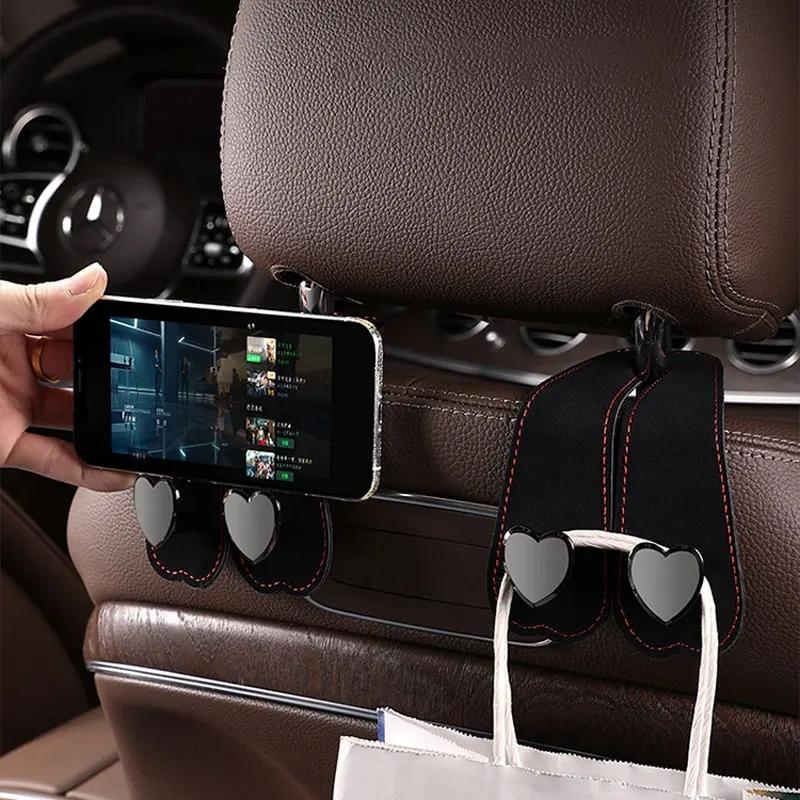Heart Shape Metal Car Seat Headrest Hooks 2 in 1 Leather Car Seat Back Hook Purse and Bag Backpack Double Hook Car Seat Hanger Backseat Hanging Organizer Car Storage Organizer