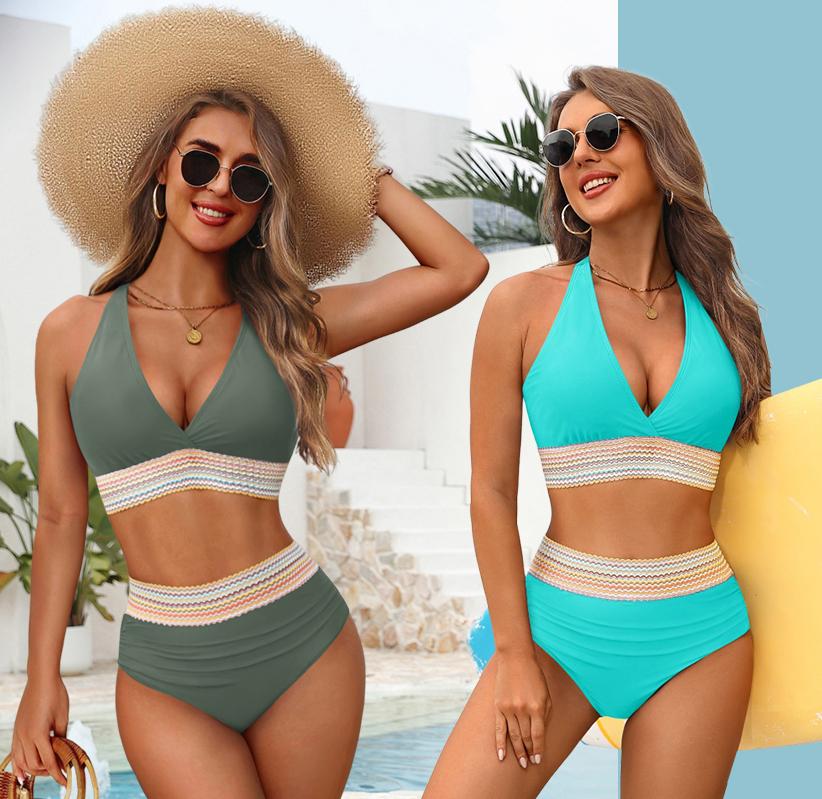 Yonique Women High Waisted Tummy Control Bikini Swimsuit  Halter Bikini Top Push Up Color Block Two Piece Bathing Suit