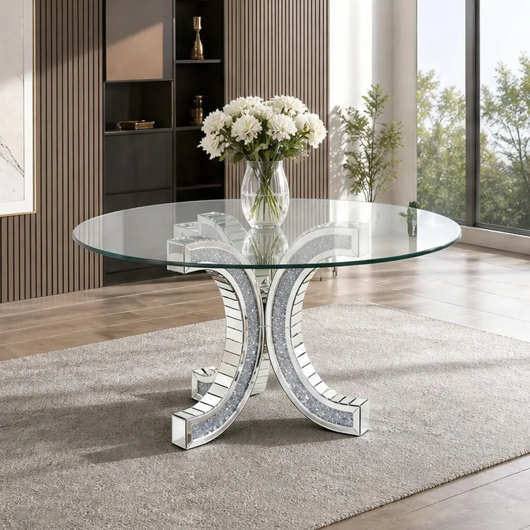 Modern Round Dining Table with Tempered Glass Top and Mirrored Crushed Diamond C-Shape Pedestal Base, Silver, Seats 4