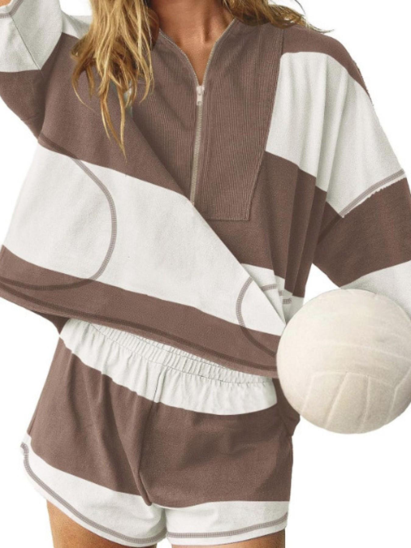 Women's Striped Half Sleeve Oversized Shorts, Casual Sportswear Set, Tennis Attire, Spring/summer Fashion, Comfortable & Stylish, Summer Athletic Wear