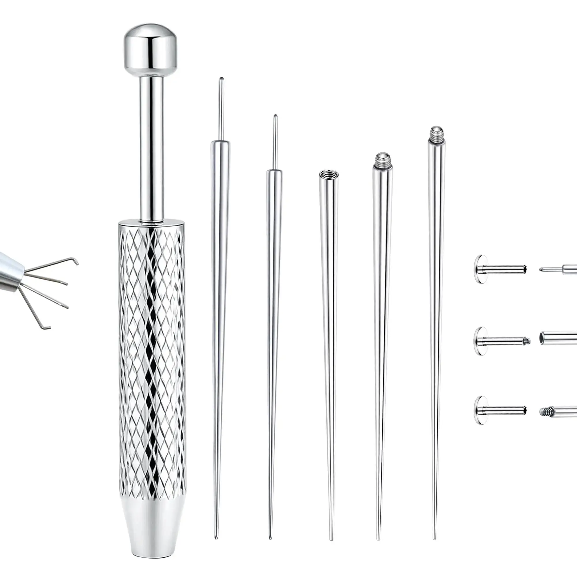 6Pcs Stainless Steel Threadless Insertion Pin Kit - 16G-18G 4-Claw Tool, Flat Back Earrings Ball Grabber, Smooth Finish, Easy Change Jewelry Helper for Men, Nose Cartilage Lip Piercing Accessories