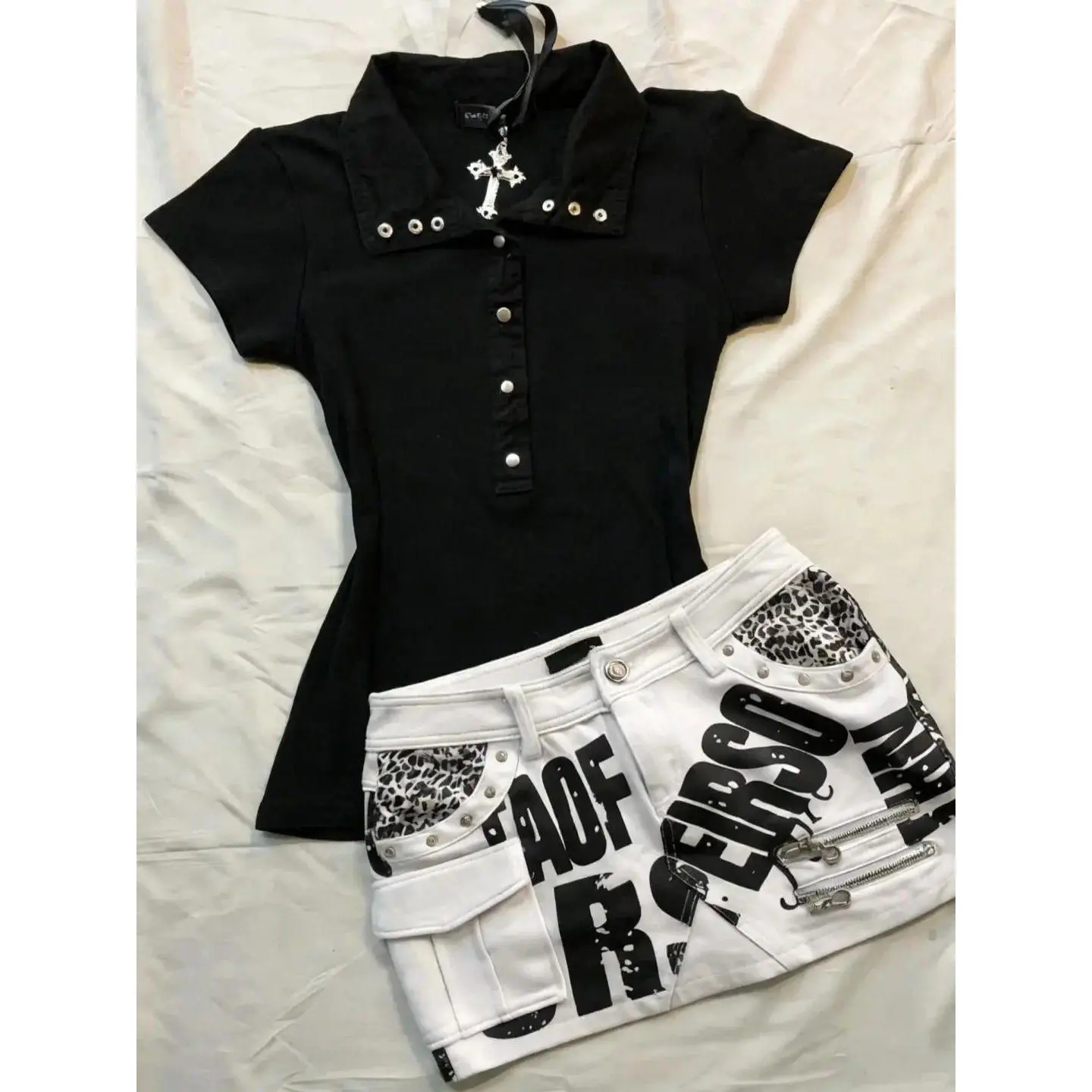 American Punk Streetwear Women's T-shirts Black Polos 2000s Harajuku emo Girl Casual Tops Tees Cute Hip-hop Y2k Gyaru Polo Shirt