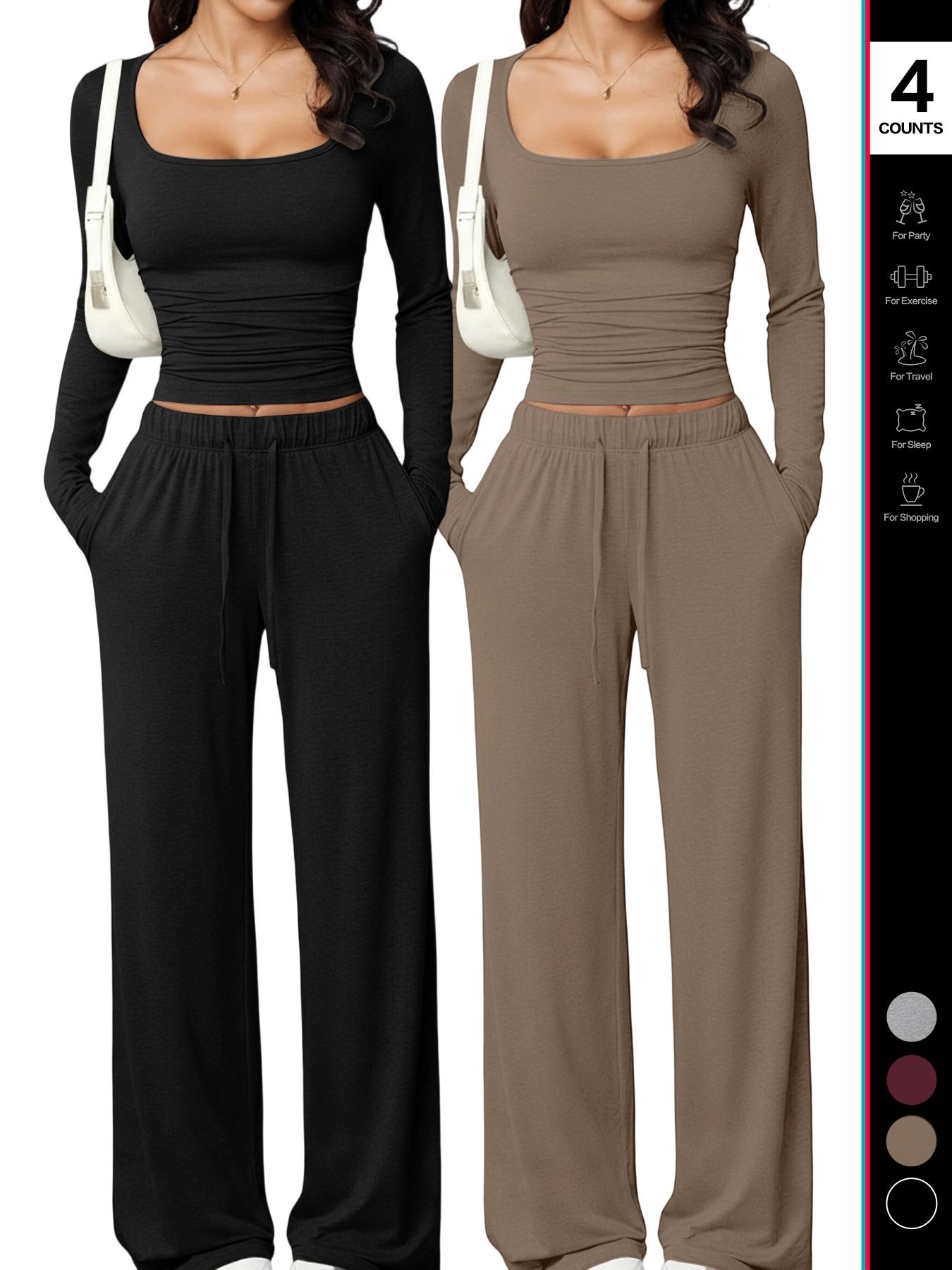 Women's 2 Piece Matching Lounge Set, Fitted Square Neck Long Sleeve Crop Top, High Waisted Wide Leg Drawstring Pants, Casual Sweatsuit