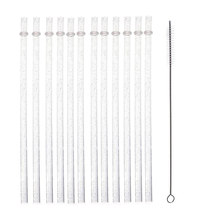 Reusable Drinking Straws with Cleaning Brush, 12-Piece Durable Clear Plastic Colorful Glitter Drinking Straws, Drinking Supplies for Home Kitchen, Party, Picnic and Outdoor Use #GLOBAL PICKS