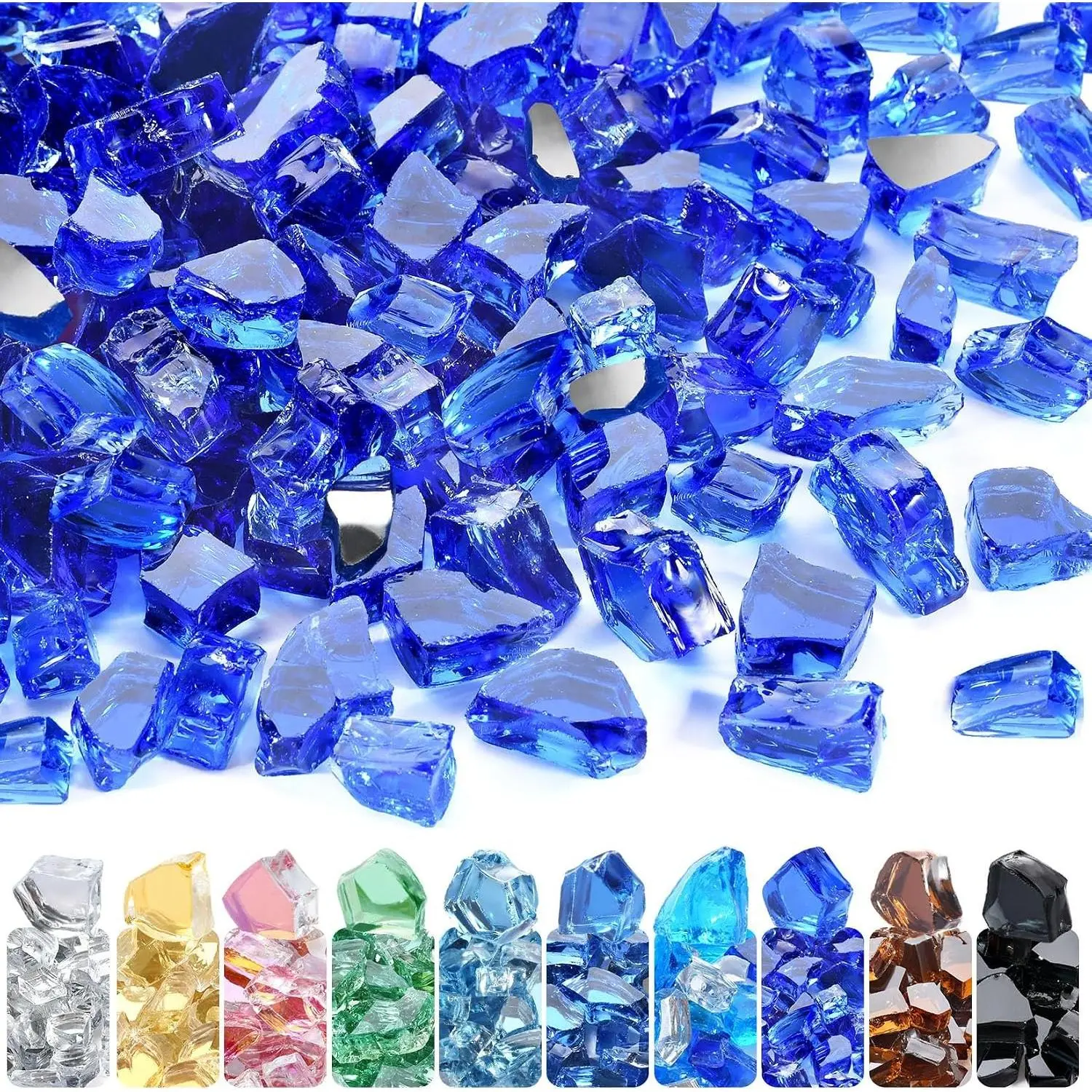 1/2 Inch Fire Glass Reflective Tempered Fireglass Cut Crushed FireGlass for Fire Pit, Fireplace, Replaces Existing Gas Logs & Lava Rocks (10 Pound)(Cobalt Blue Reflective)