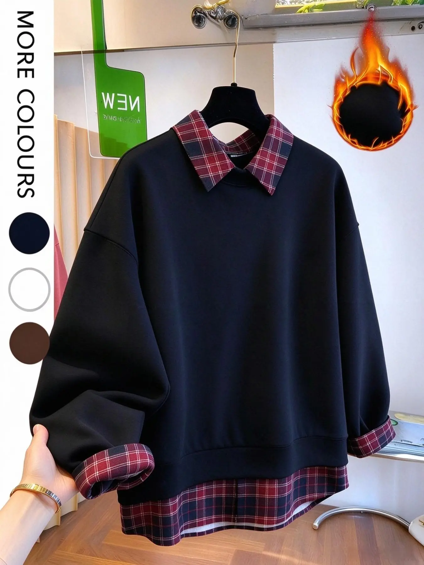 Women's Vintage Plaid Collar Patchwork Sweatshirt, Loose Drop‑Shoulder Shirt‑Style Fleece‑Lined Thick Pullover for Women, Suitable for Daily Wear, Street Outing, Back‑to‑School, Casual Gathering in Autumn & Winter