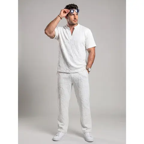 KZZ Menswear Men's 2 Piece Sets - Textured Short-Sleeve Notched Neck Letter-Embossing Tee, Regular-Fit Elastic Drawstring Cinch-Ankle Pants Matching Clothes for Multiple Seasons