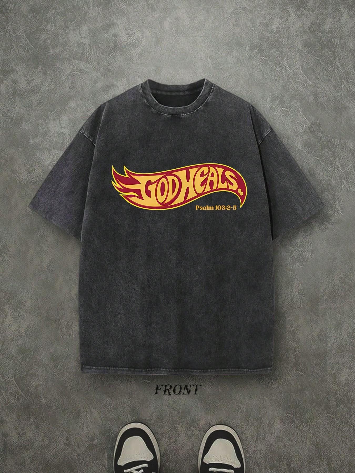 Vintage Washed Loose Christian Theme T-Shirt, Distressed 'god Heals' Psalm Print, Faith Religious Streetwear, Unisex Short Sleeve Top