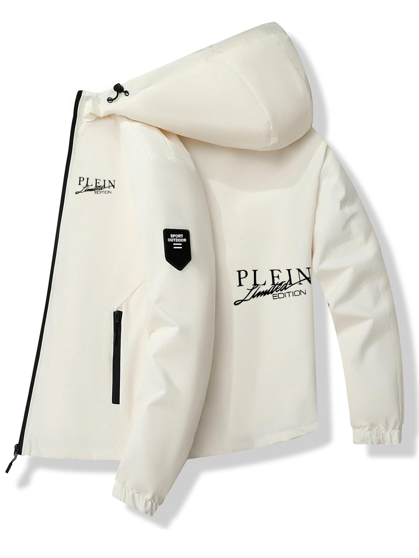 Luxury Artistic Letter Hooded Jacket, Polyester Fabric, Intricate Print, Slim Fit, Casual Style, Spring & Fall Fashion Outerwear