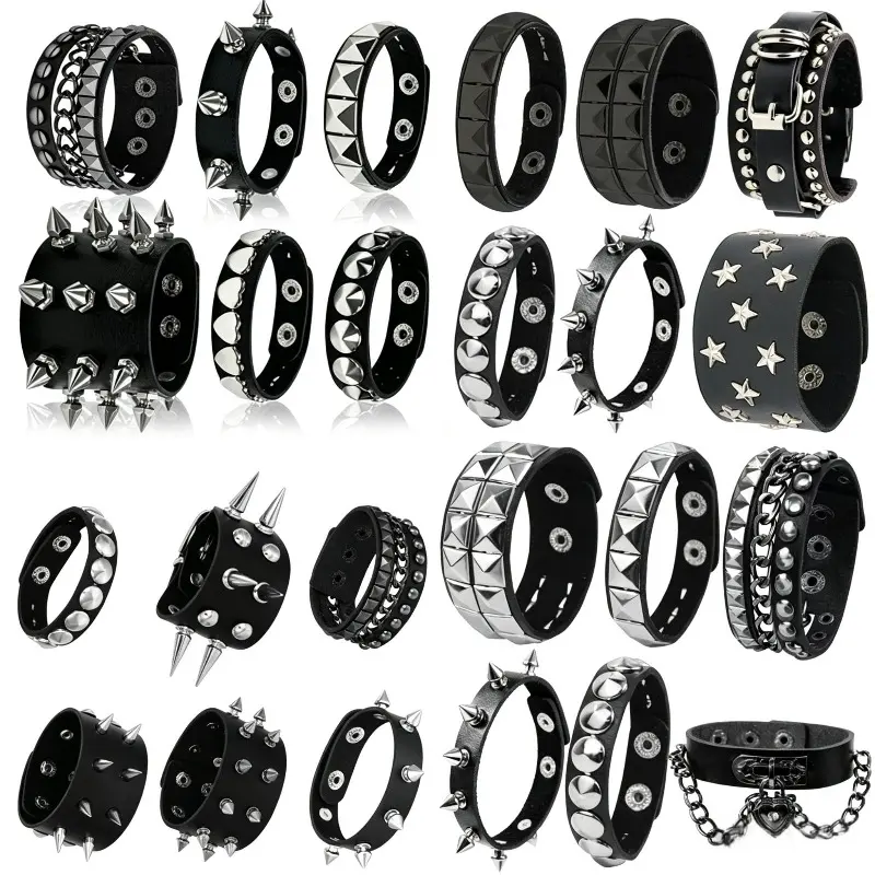4/8/12/16Pcs PU Leather Punk Bracelets - Studded Street-Style Men's Bracelets - Rock Concert, Halloween and Christmas Gift Accessories