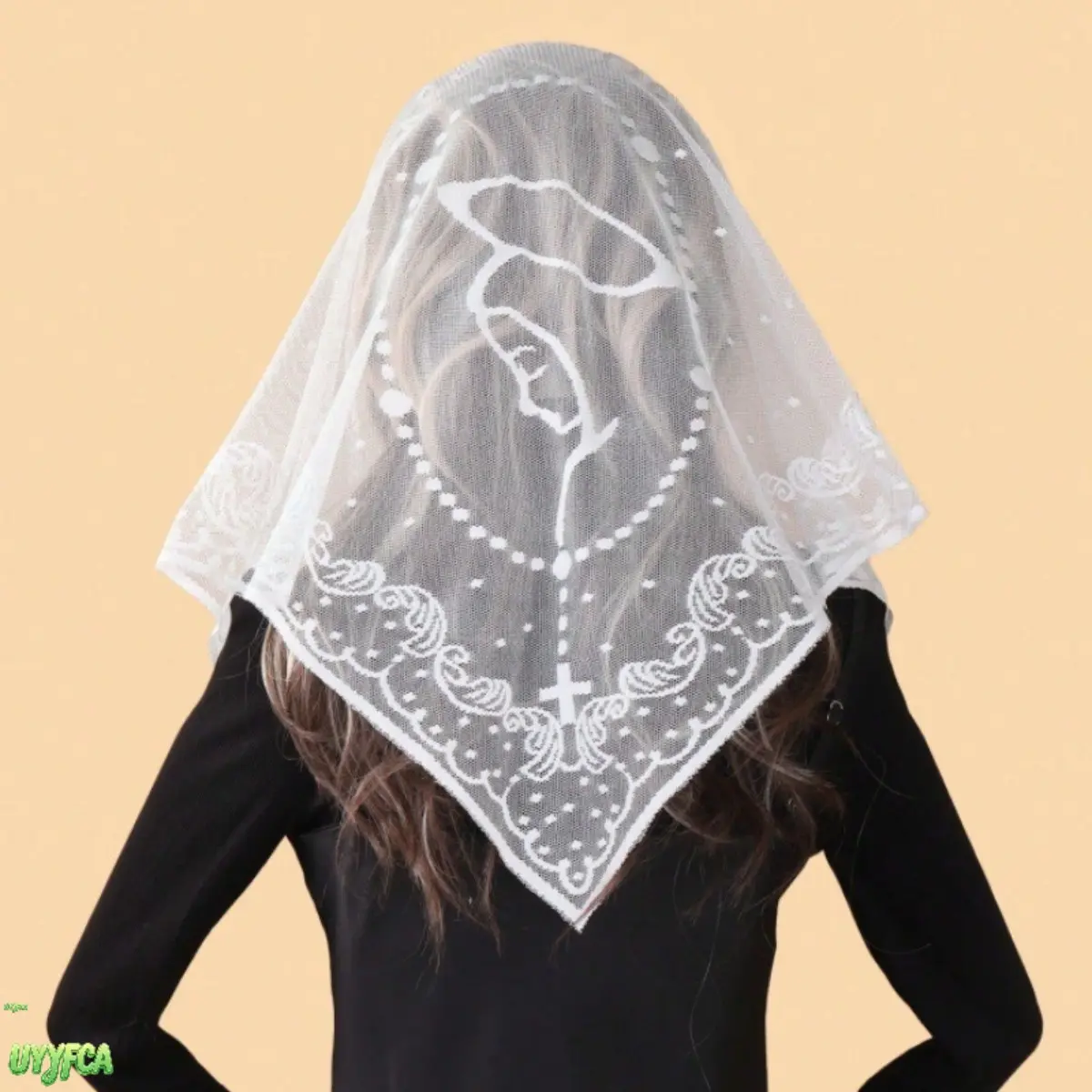 Lace Triangle Church Veil Shawl With Virgin Mary Embroidery, Sheer Hollow Out Lace Headscarf, Medugorje Pattern Decorative Scarf, Lightweight Wrap For Catholic Mass, Wedding Ceremonies And Religious Devotional Occasions,back to school,back to school haul