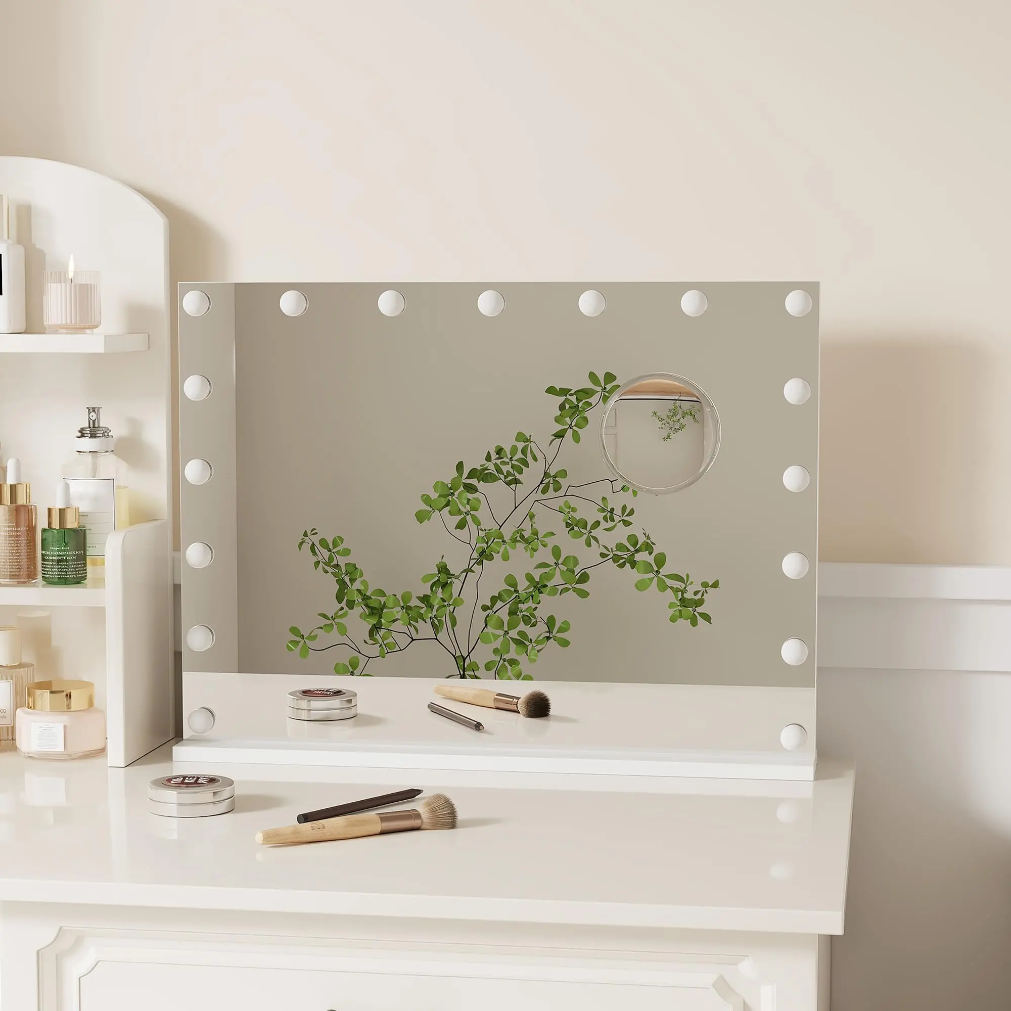 GARVEE 32x18 in Modern Vanity Makeup Mirror with Light Halo, 3 Color Modes, Dimming Function, Touch Control, 360° Rotation for Makeup Prep