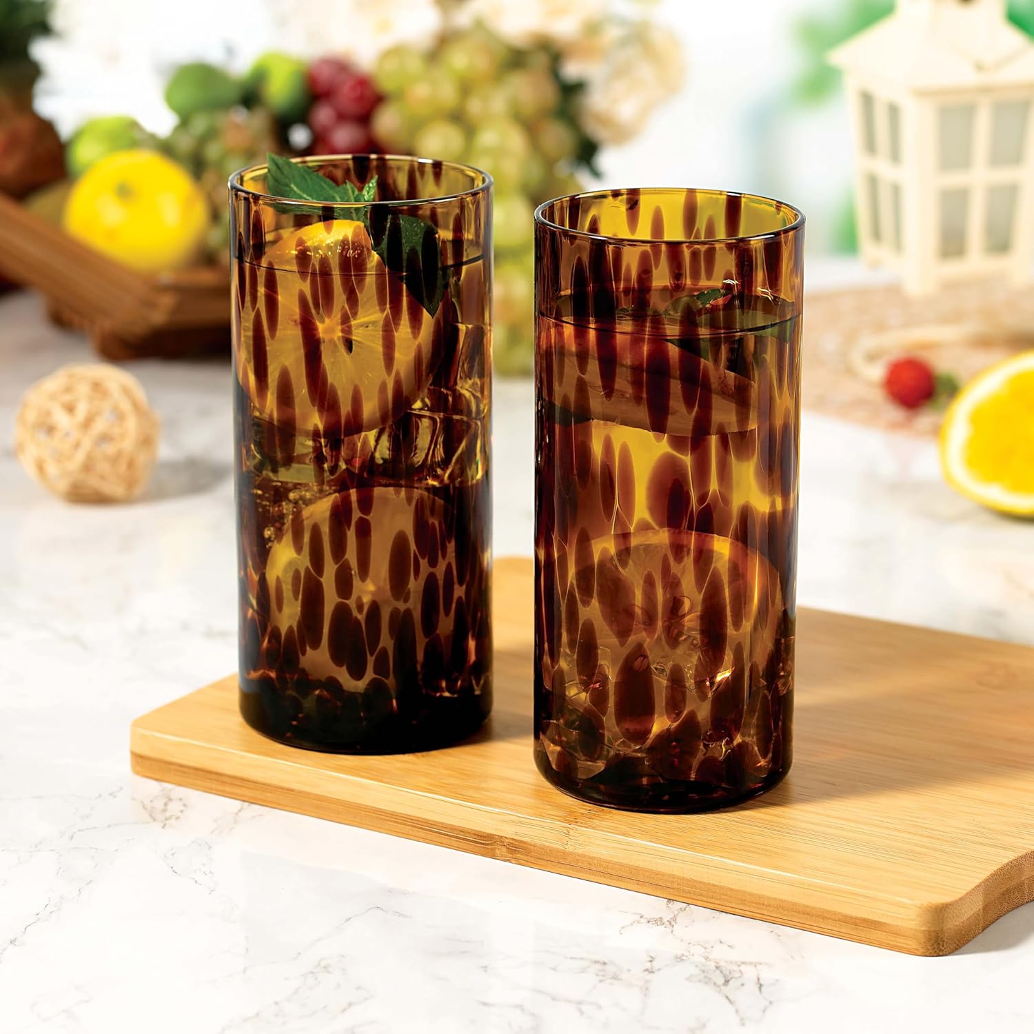 Collection Tortoise Shell Highball Glass Set of 4 – 14.54 oz Borosilicate Cocktail & Water Glasses – Durable, Lead-Free, Dishwasher Safe – Elegant Gift Packaging