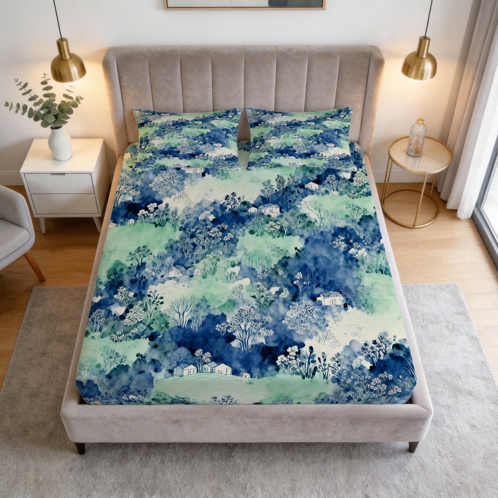 3 Piece Japanese Wave Sun Fitted Sheet Set, Navy Blue Gold Foil Great Wave HD Digital Print Bedding Set, Soft Breathable Deep Pocket Bed Sheet for Bedroom & Dorm, Machine Washable (Insert Not Included)