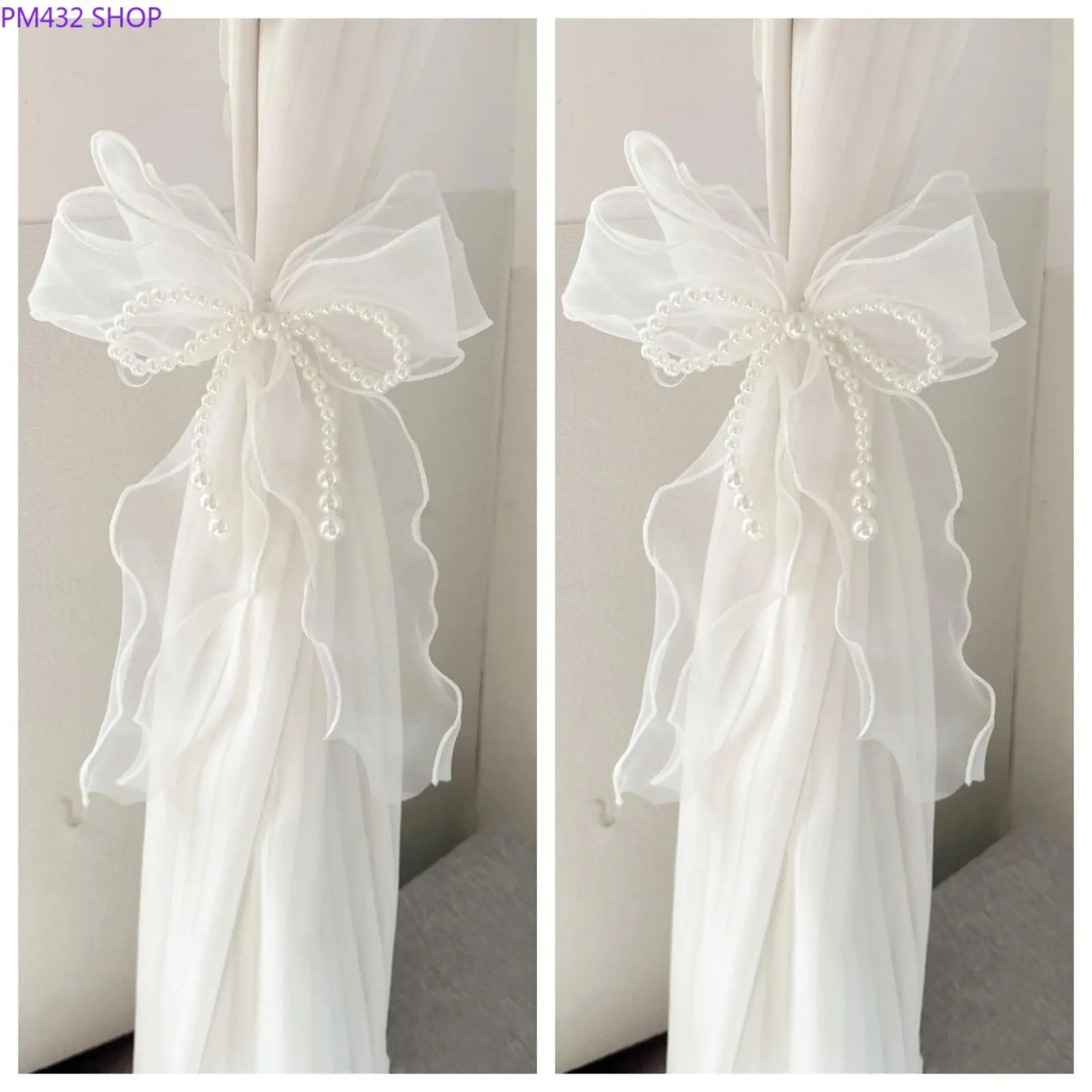 French Country Gauze Lace Curtain Tiebacks with Pendant Pearl Bow & Pearl Accents, Elegant Window Drapery Clips for Living Room, Bedroom, Pendant Pearl Bow (Curtain Clip)