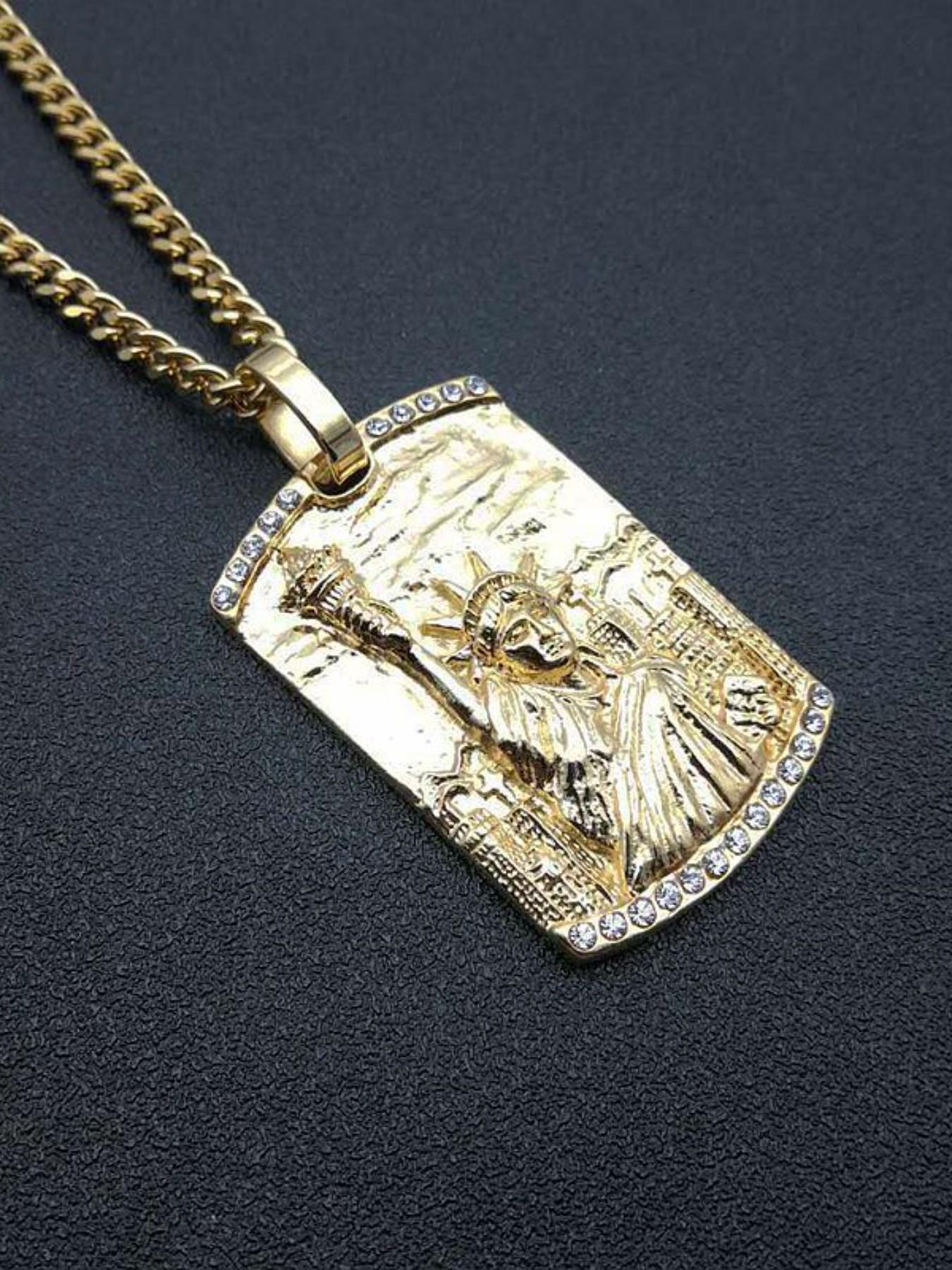Hip Hop Jewelry Titanium Gold Plated Diamond Statue of Liberty Pendant Necklace, Stylish Accessory for Men and Women