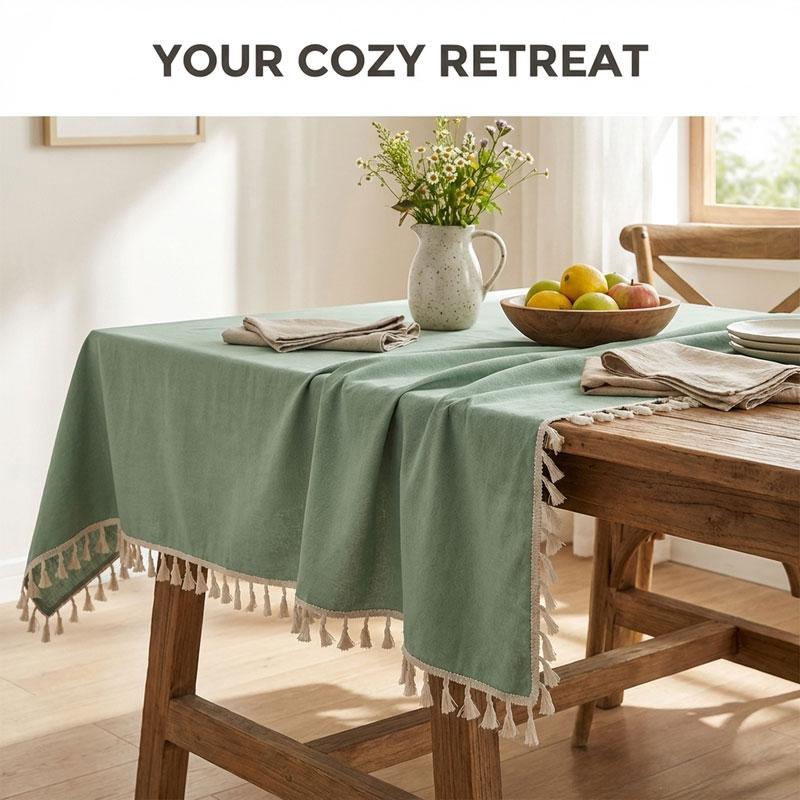 Sage Polyester Tablecloth, Thick Heavyweight Textured Fabric, Handmade Tassels, Farmhouse Rustic Style, 90x90/140x180/140x220/140x260 Cm