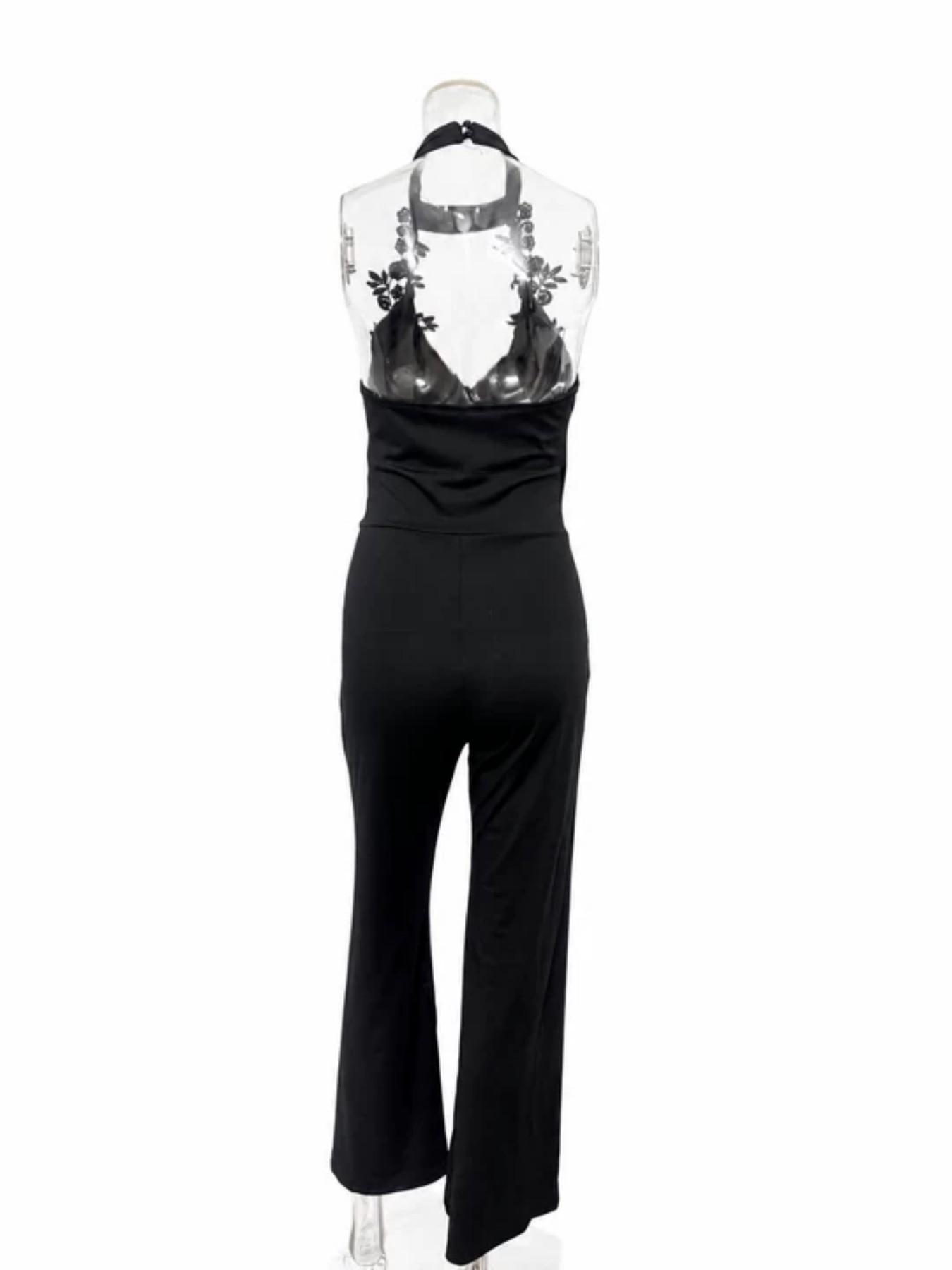 Floral Lace Halter Deep V Cross Back High Waist Bodycon Pants, Sexy & Elegant Design for Dates & Parties, Perfect Fit for Special Occasions